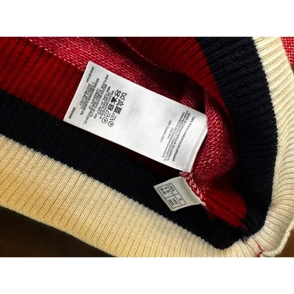 Brooks Brothers Preppy Red Fleece V Neck Sweater Red White Blue Stripe Trim - Picture 4 of 4